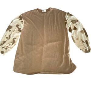 SPLA Tan Cow Print Puff Sleeve T-Shirt | Women's Casual size Large